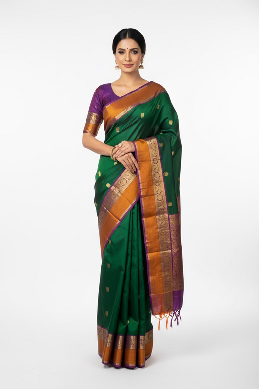 Sumedha (ಸुमೇಧಾ) – Dark Green & Wine Purple Korvai Kanjeevaram Pure Silk Saree