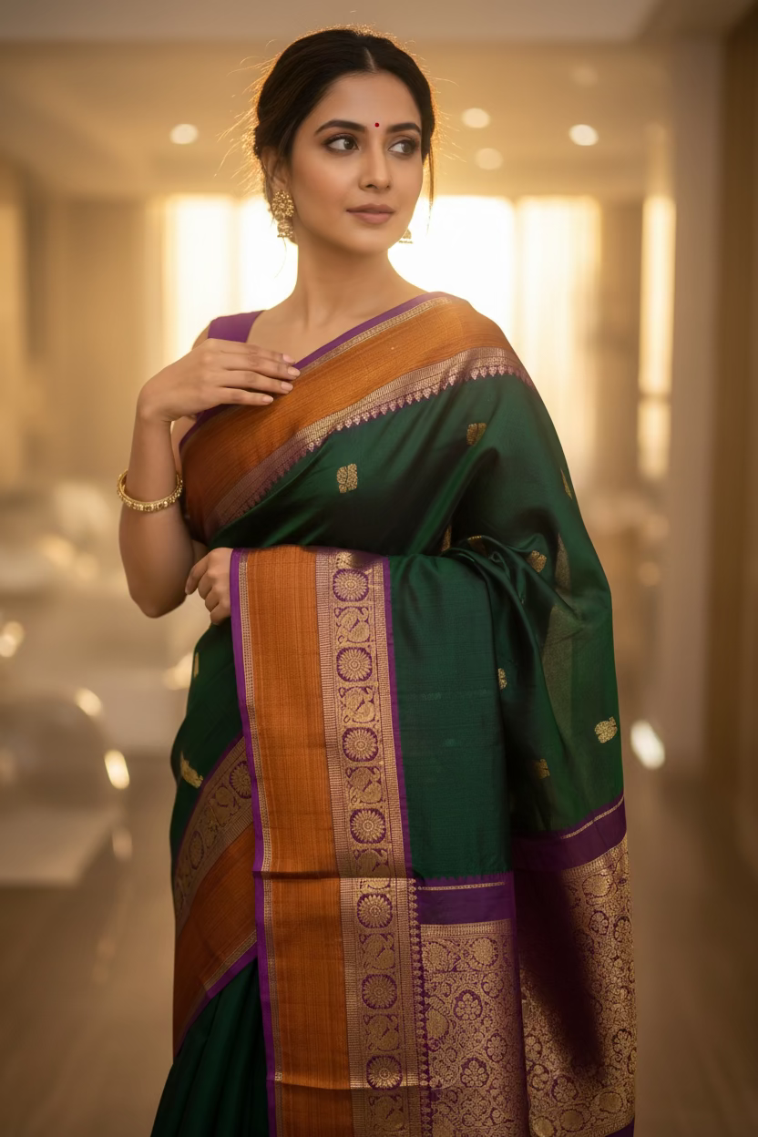 Sumedha (ಸुमೇಧಾ) – Dark Green & Wine Purple Korvai Kanjeevaram Pure Silk Saree