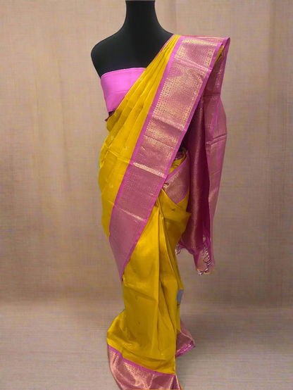 Lalitha (ಲಲಿತಾ) – Turmeric yellow & Powder Pink Korvai Kanjeevaram Pure Silk Saree