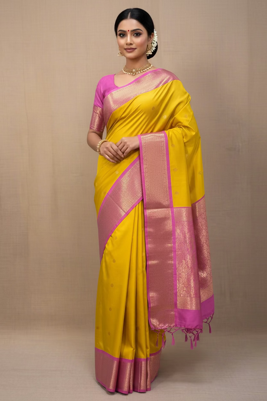 Lalitha (ಲಲಿತಾ) – Turmeric yellow & Powder Pink Korvai Kanjeevaram Pure Silk Saree