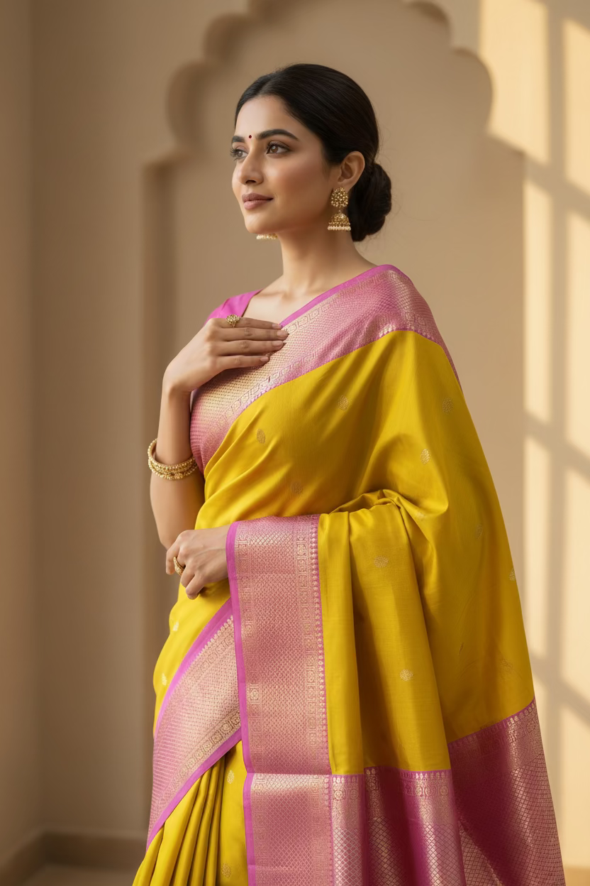 Lalitha (ಲಲಿತಾ) – Turmeric yellow & Powder Pink Korvai Kanjeevaram Pure Silk Saree