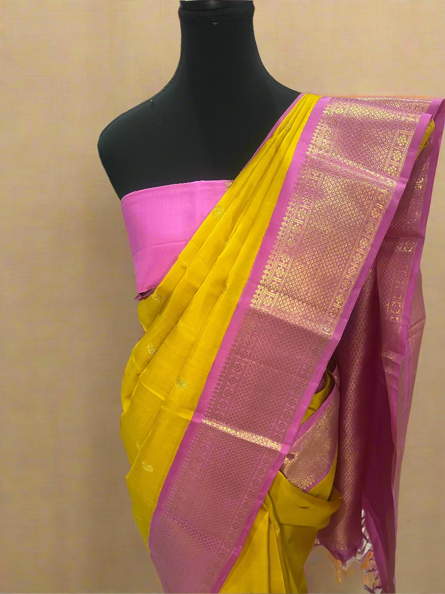 Lalitha (ಲಲಿತಾ) – Turmeric yellow & Powder Pink Korvai Kanjeevaram Pure Silk Saree