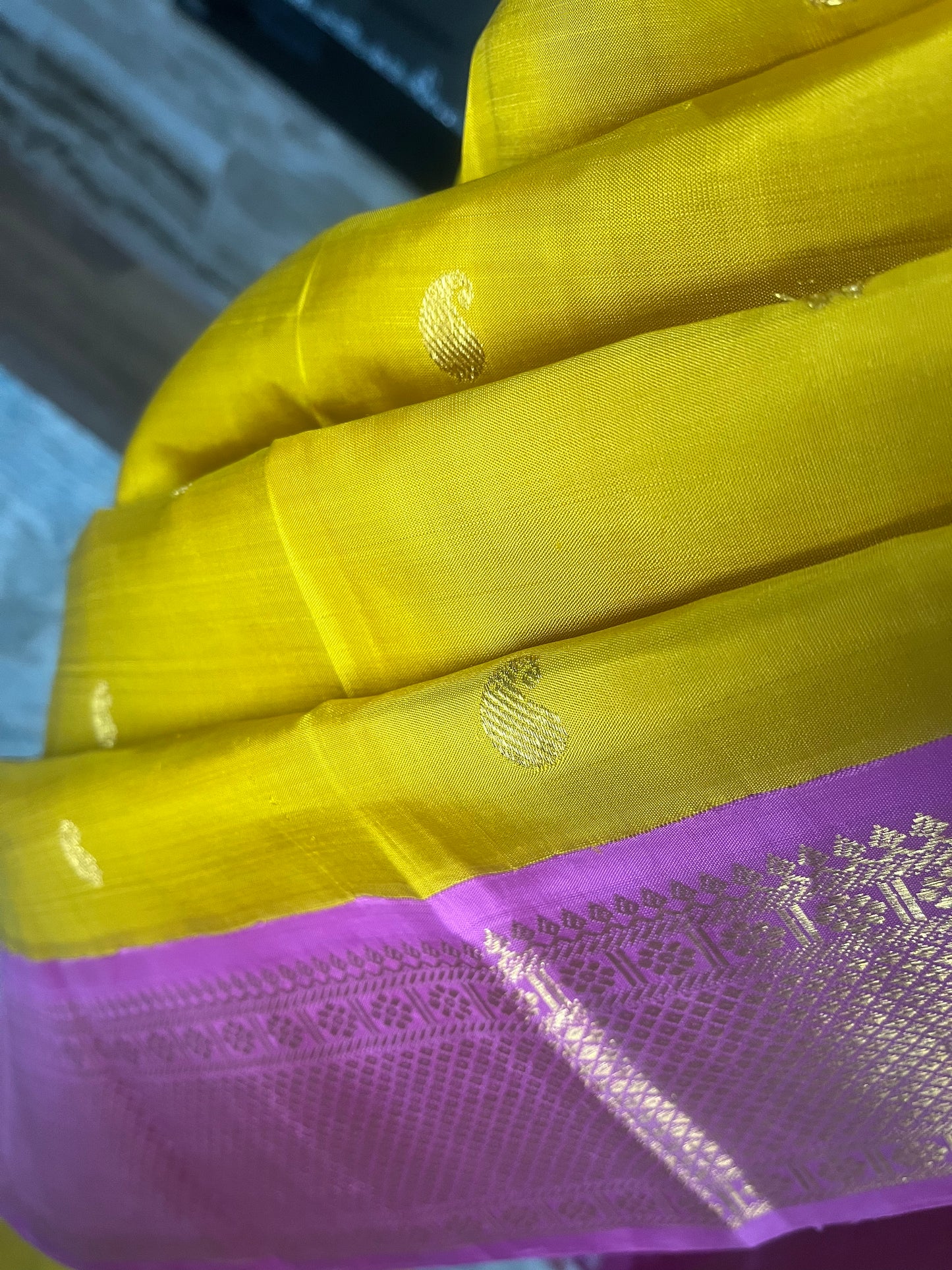 Lalitha (ಲಲಿತಾ) – Turmeric yellow & Powder Pink Korvai Kanjeevaram Pure Silk Saree