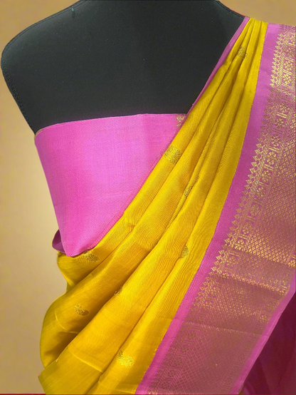 Lalitha (ಲಲಿತಾ) – Turmeric yellow & Powder Pink Korvai Kanjeevaram Pure Silk Saree