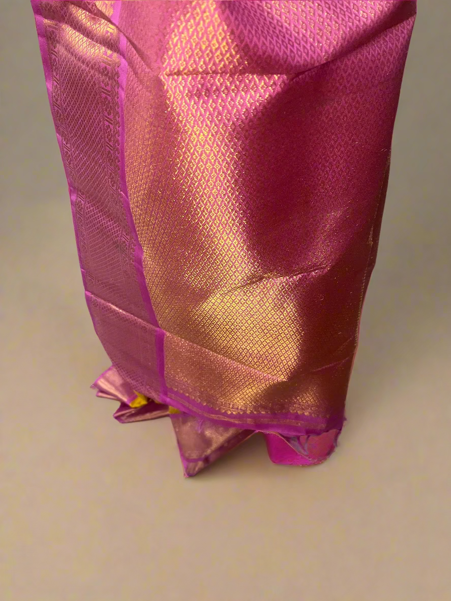 Lalitha (ಲಲಿತಾ) – Turmeric yellow & Powder Pink Korvai Kanjeevaram Pure Silk Saree