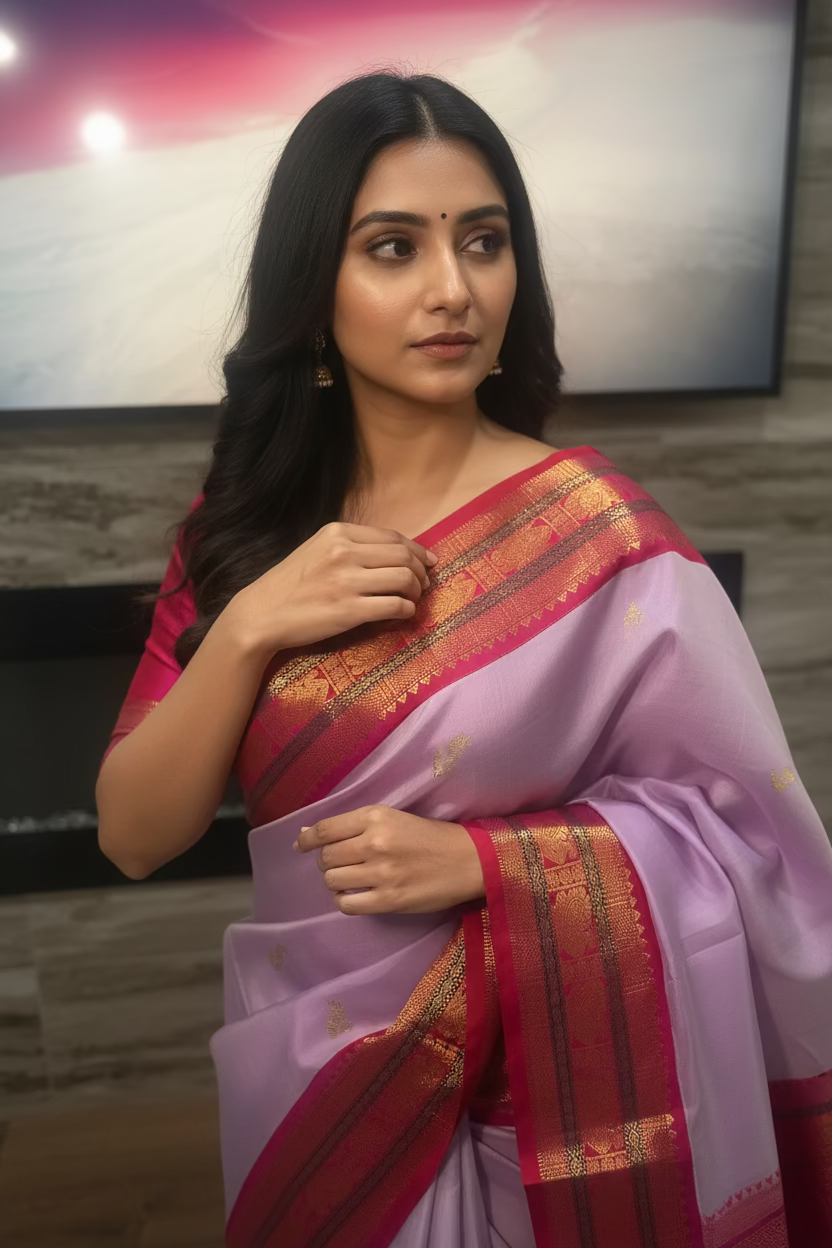 Hamsalekha (ಹಂಸಲೇಖಾ) – Lavender Pink and Dark Rani Pink Kanjeevaram Pure Silk Saree