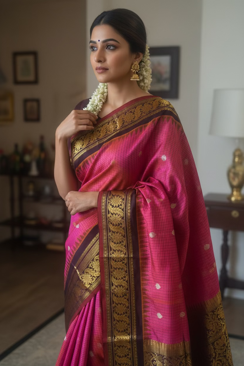 Rasitha (ರಸಿತಾ) – Orange & Golden Dual Tone Gadwal Pure Silk Saree