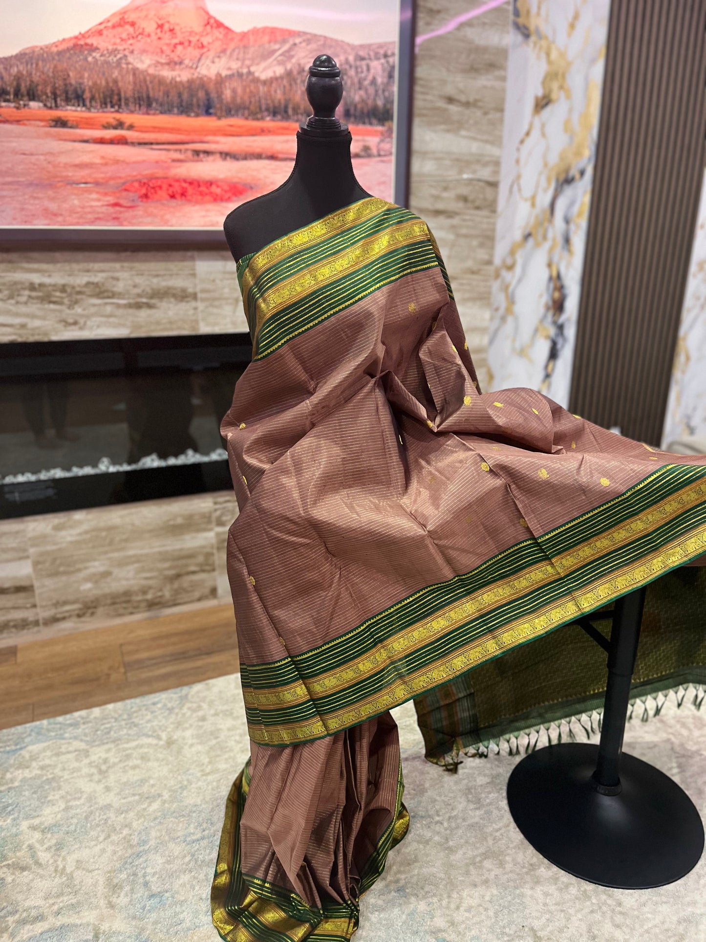 Chandrika – Handwoven Honey and Bottle Green Kanjeevaram Saree