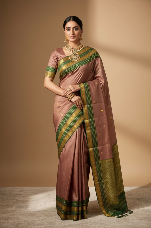 Chandrika – Handwoven Honey and Bottle Green Kanjeevaram Saree
