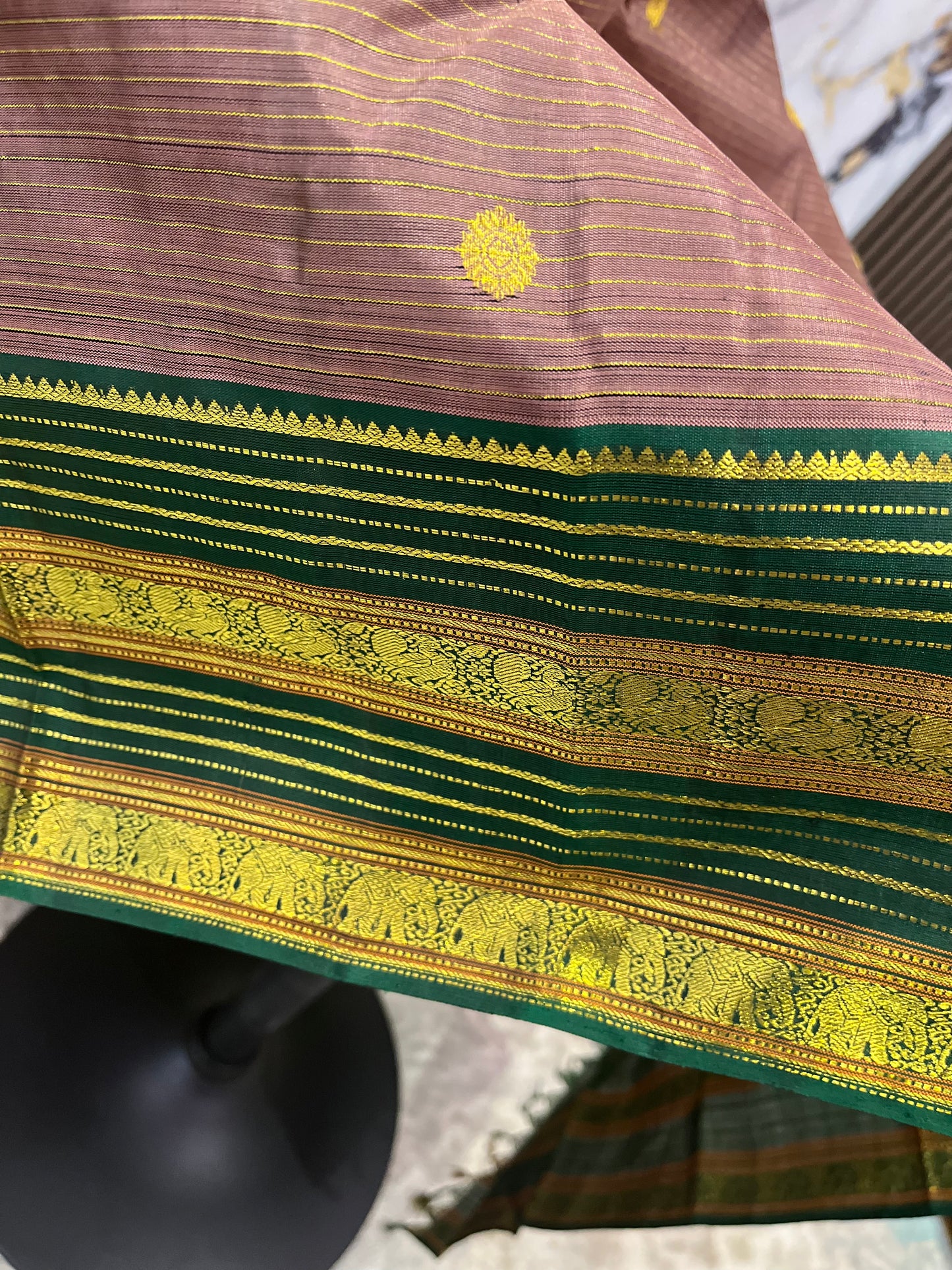 Chandrika – Handwoven Honey and Bottle Green Kanjeevaram Saree