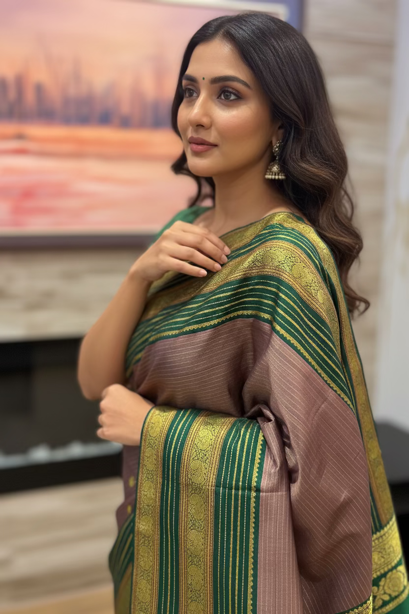Chandrika – Handwoven Honey and Bottle Green Kanjeevaram Saree