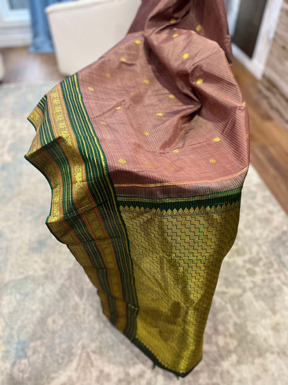 Chandrika – Handwoven Honey and Bottle Green Kanjeevaram Saree