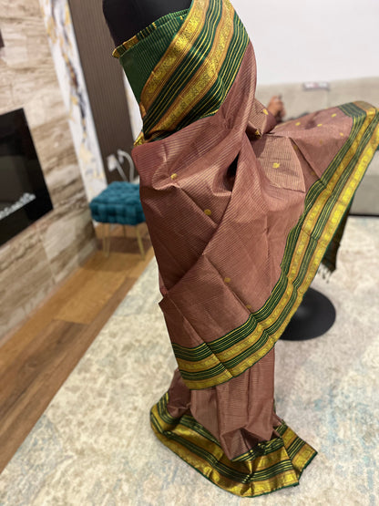 Chandrika – Handwoven Honey and Bottle Green Kanjeevaram Saree
