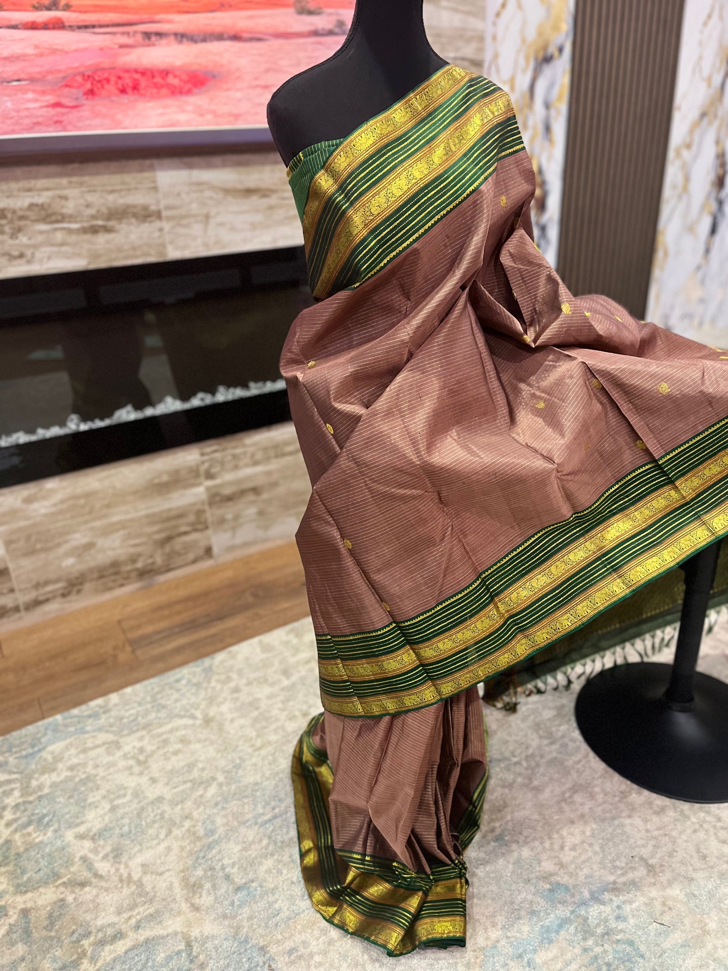 Chandrika – Handwoven Honey and Bottle Green Kanjeevaram Saree