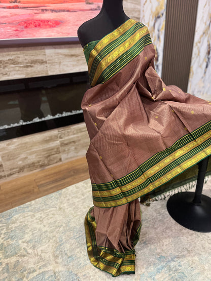 Chandrika – Handwoven Honey and Bottle Green Kanjeevaram Saree