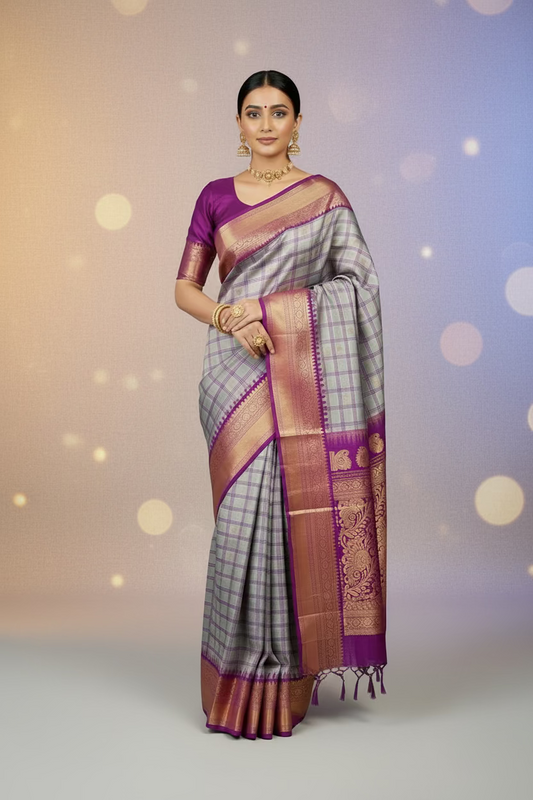 Varnitha (ವರ್ಣಿತಾ) – Ash Grey and Magenta Pink Gadwal Pure Silk Saree