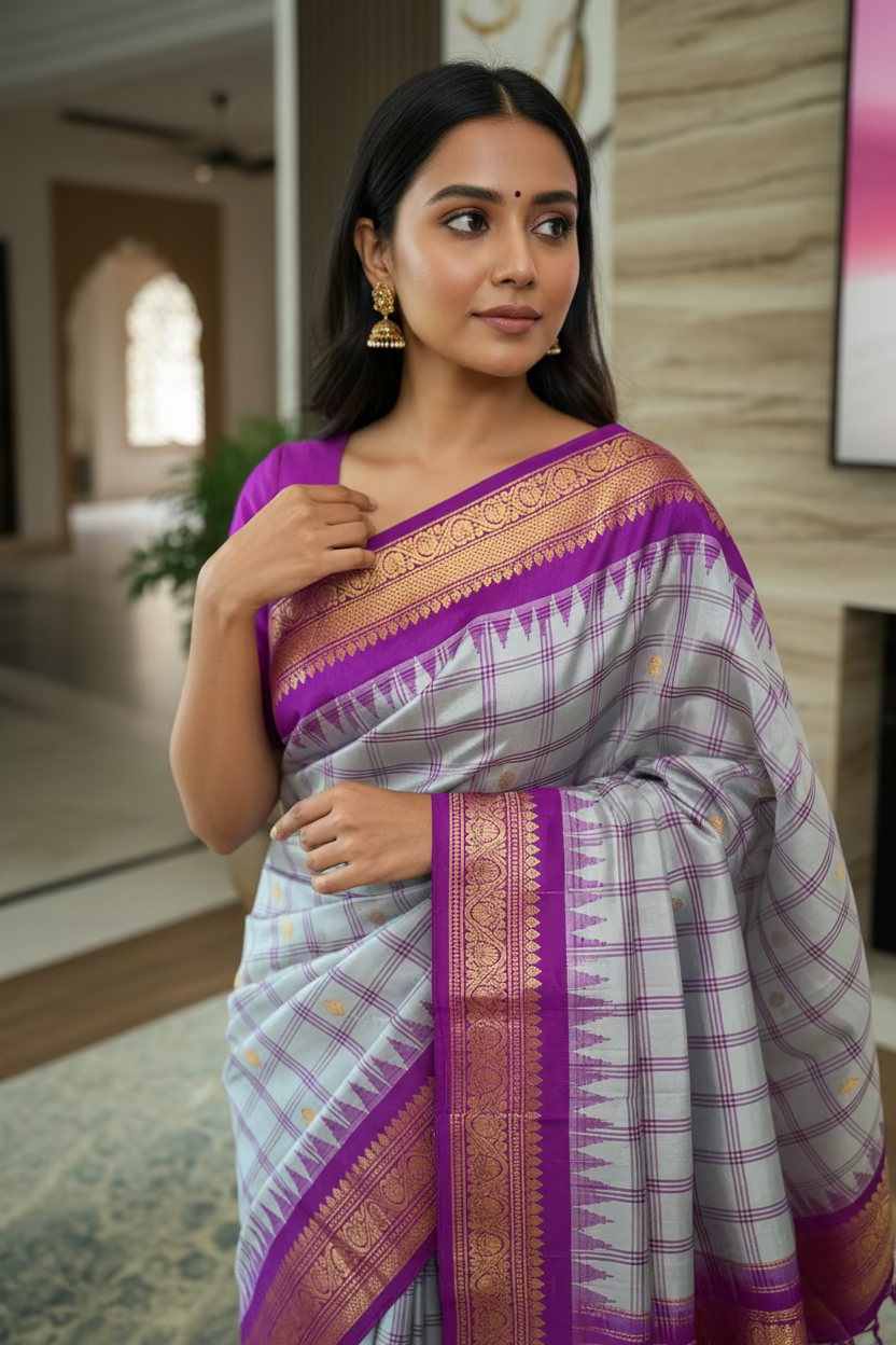 Varnitha (ವರ್ಣಿತಾ) – Ash Grey and Magenta Pink Gadwal Pure Silk Saree