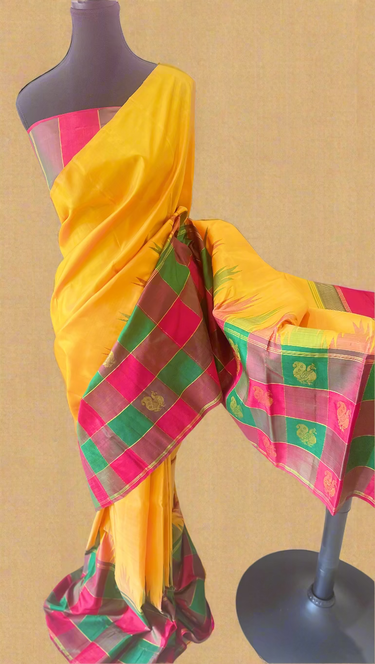 Anusuya (ಅನುಸೂಯಾ) – Mustard Yellow & Multicolour Check Half-and-Half Kanjeevaram Pure Silk Saree