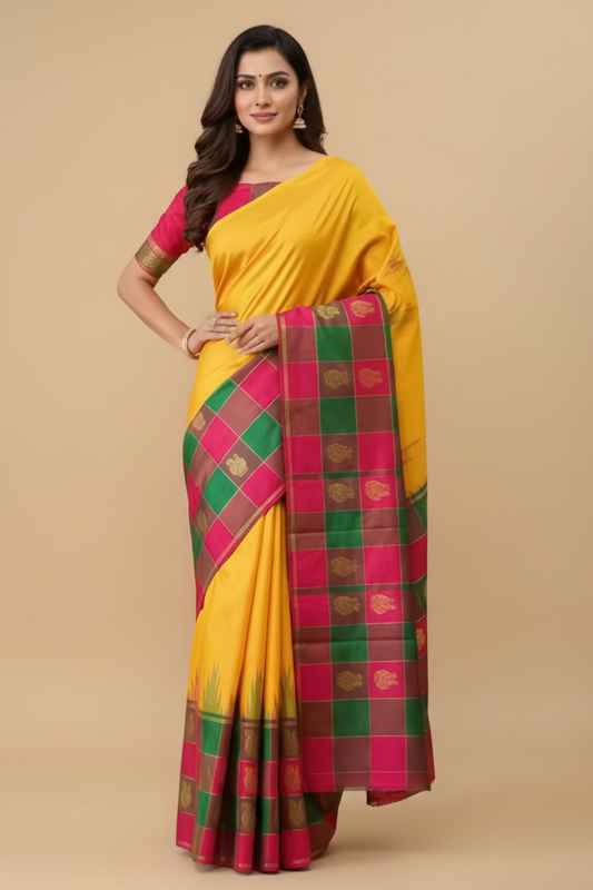Anusuya (ಅನುಸೂಯಾ) – Mustard Yellow & Multicolour Check Half-and-Half Kanjeevaram Pure Silk Saree