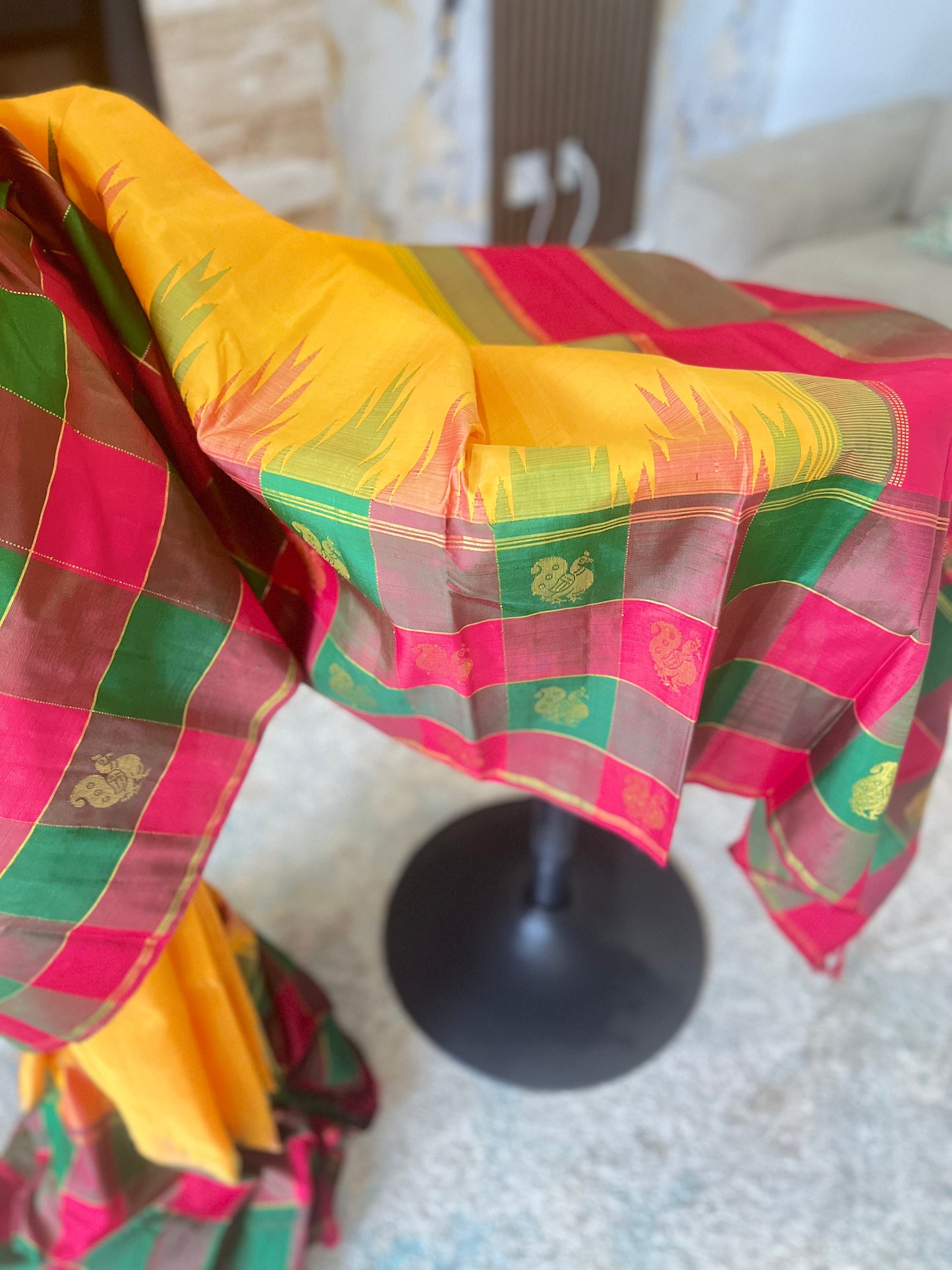 Anusuya (ಅನುಸೂಯಾ) – Mustard Yellow & Multicolour Check Half-and-Half Kanjeevaram Pure Silk Saree