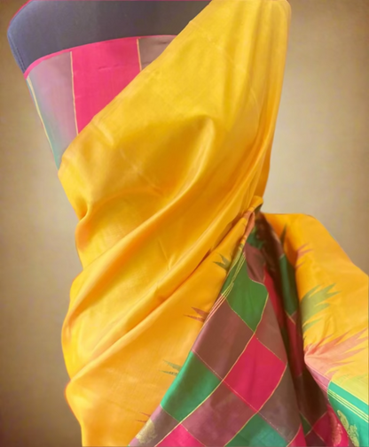 Anusuya (ಅನುಸೂಯಾ) – Mustard Yellow & Multicolour Check Half-and-Half Kanjeevaram Pure Silk Saree