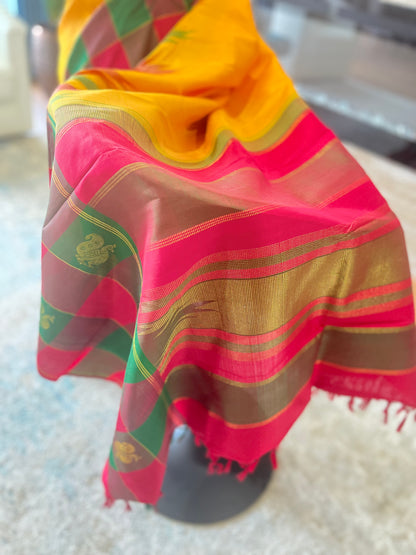 Anusuya (ಅನುಸೂಯಾ) – Mustard Yellow & Multicolour Check Half-and-Half Kanjeevaram Pure Silk Saree