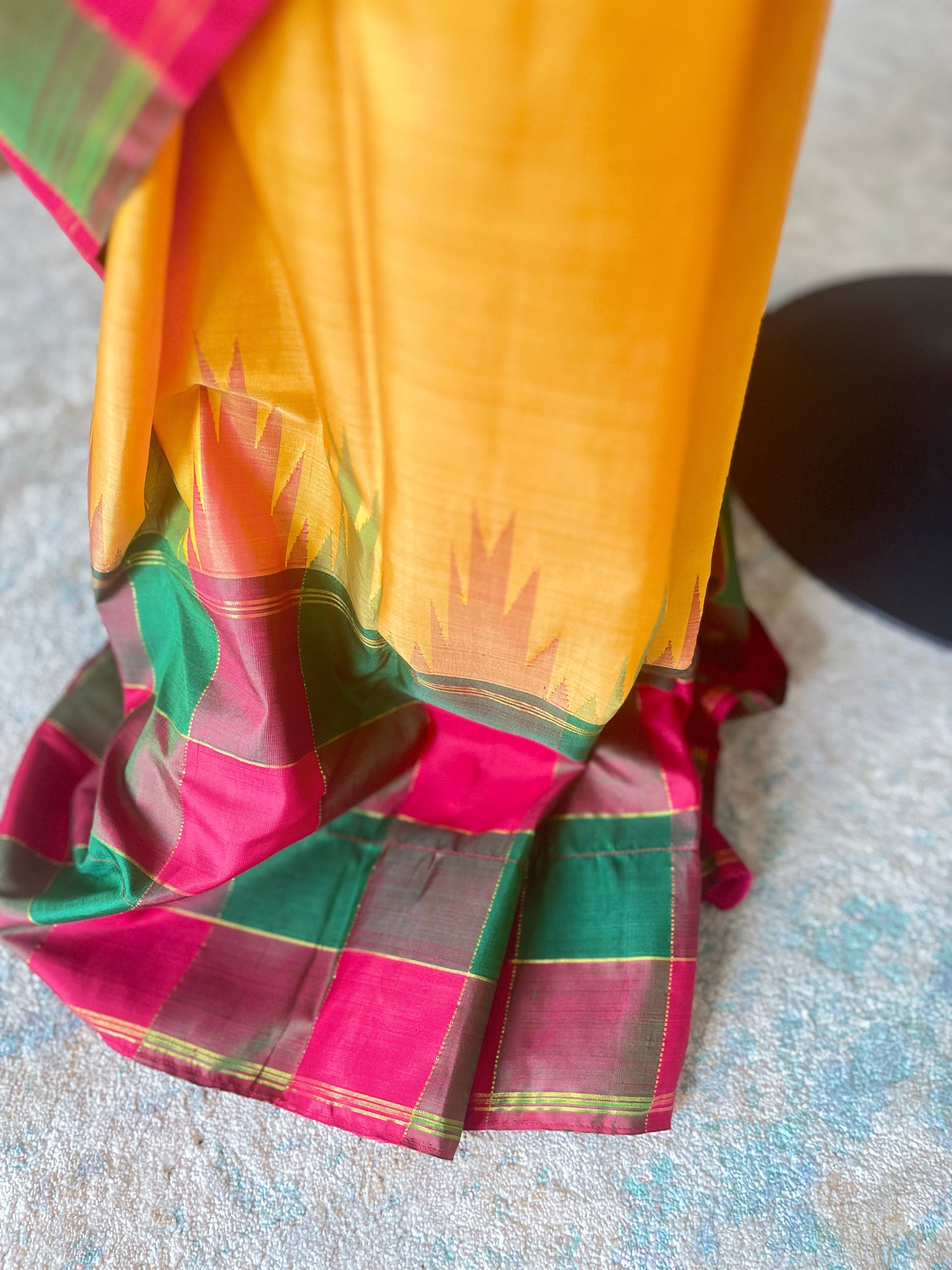 Anusuya (ಅನುಸೂಯಾ) – Mustard Yellow & Multicolour Check Half-and-Half Kanjeevaram Pure Silk Saree