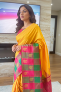 Anusuya (ಅನುಸೂಯಾ) – Mustard Yellow & Multicolour Check Half-and-Half Kanjeevaram Pure Silk Saree