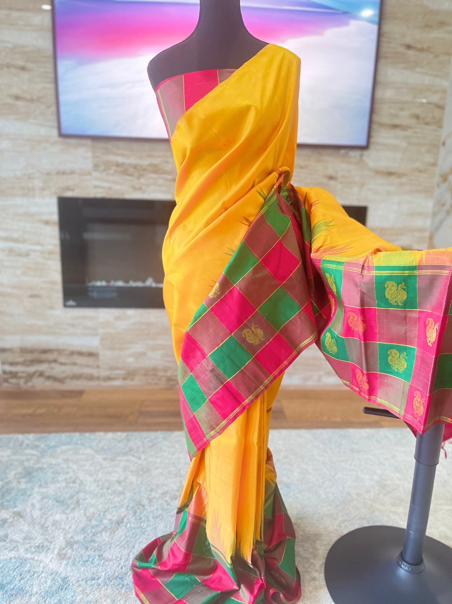 Anusuya (ಅನುಸೂಯಾ) – Mustard Yellow & Multicolour Check Half-and-Half Kanjeevaram Pure Silk Saree