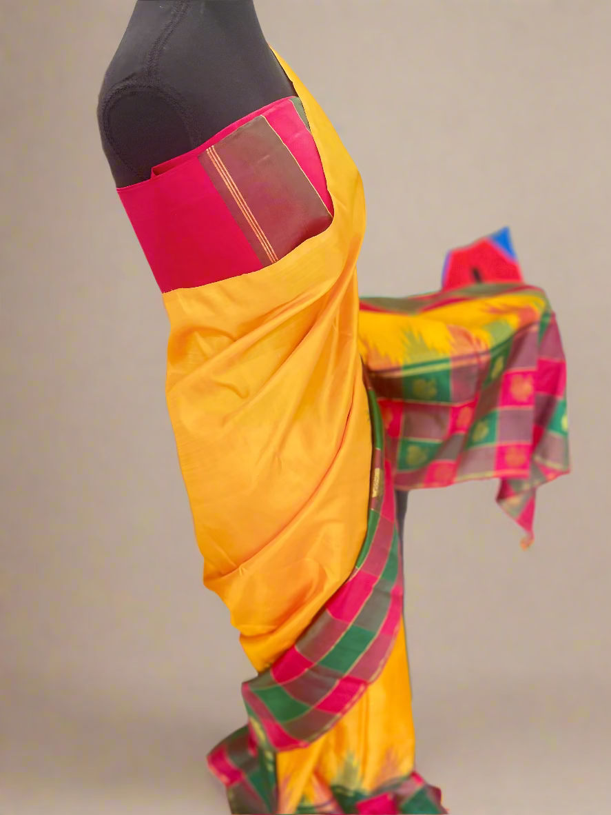Anusuya (ಅನುಸೂಯಾ) – Mustard Yellow & Multicolour Check Half-and-Half Kanjeevaram Pure Silk Saree