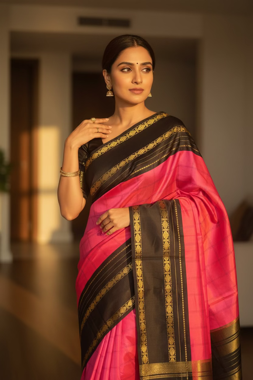 Vaishnavi (ವೈಷ್ಣವಿ) – Dark Pink & Orange Dual-Tone Kanjeevaram Pure Silk Saree