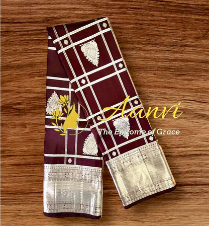 Vaidehi – Chocolate Brown Kattam Kanjeevaram with Pure Silver Zari