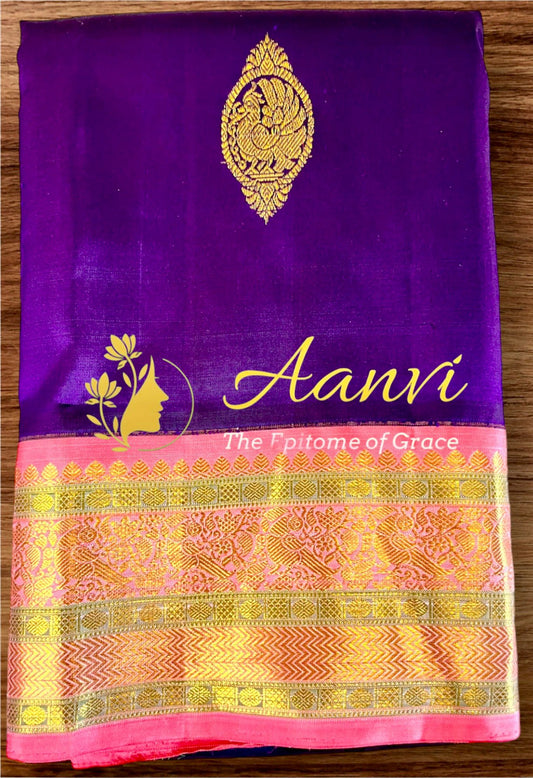 Sharvani – Traditional Korvai Kanjeevaram in Eggplant and Wild Rose with Gold Zari