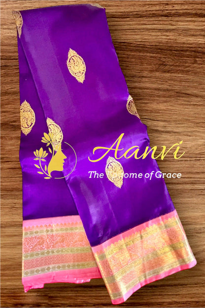 Sharvani – Traditional Korvai Kanjeevaram in Eggplant and Wild Rose with Gold Zari
