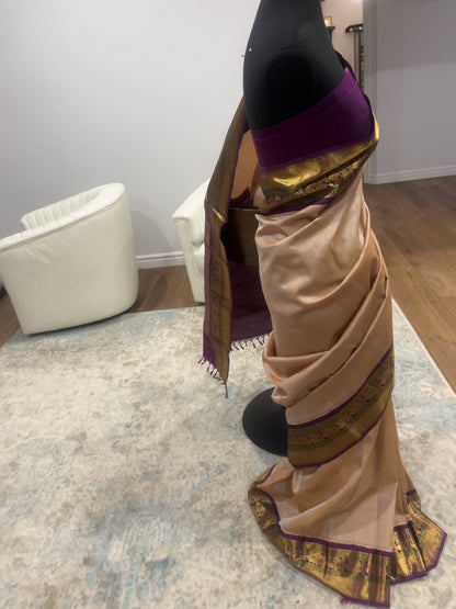 Sharada – Sandalwood and Purple Kanjeevaram Pure Silk Saree