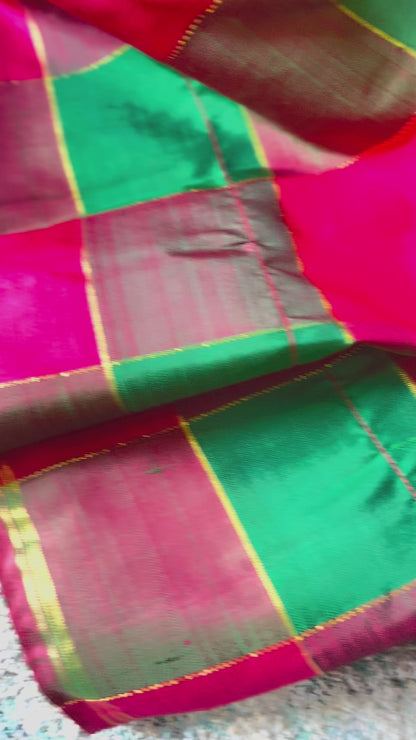 Anusuya (ಅನುಸೂಯಾ) – Mustard Yellow & Multicolour Check Half-and-Half Kanjeevaram Pure Silk Saree