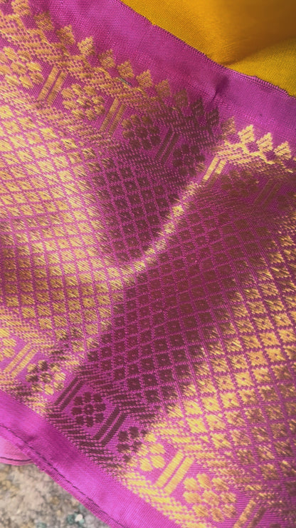 Lalitha (ಲಲಿತಾ) – Turmeric yellow & Powder Pink Korvai Kanjeevaram Pure Silk Saree