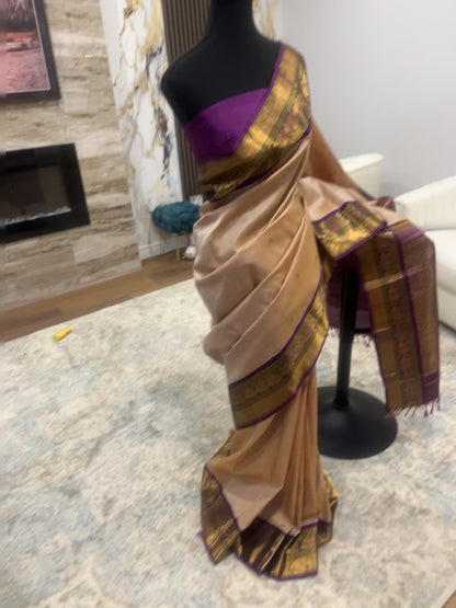 Sharada – Sandalwood and Purple Kanjeevaram Pure Silk Saree